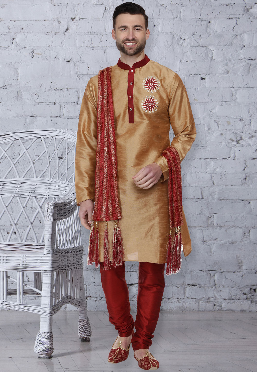 Golden Dupion Silk Readymade Kurta Pajama 160943