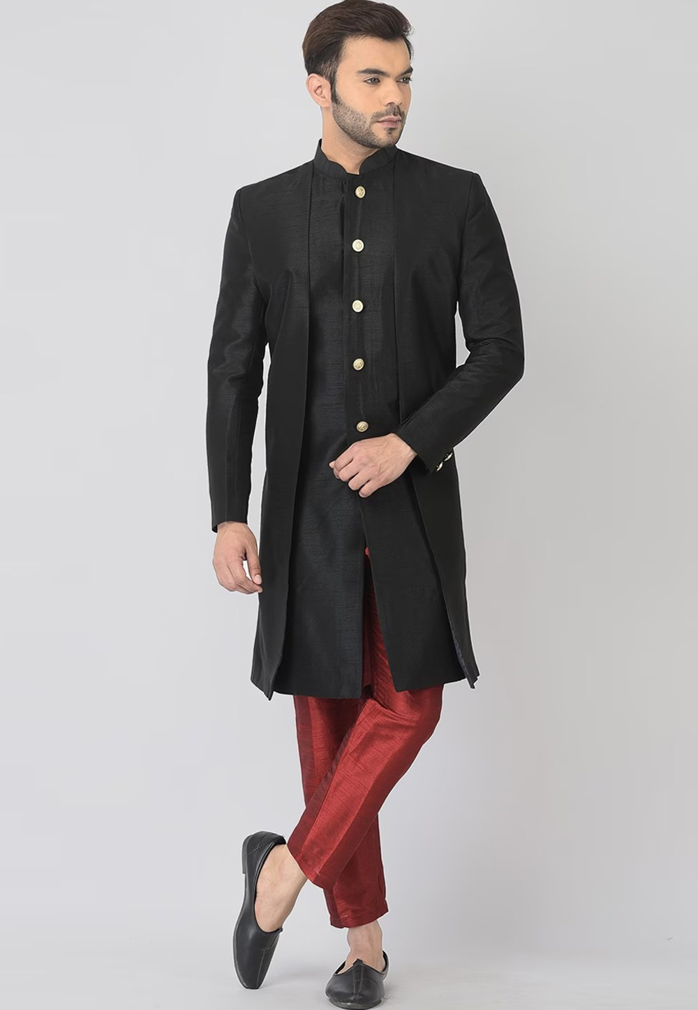 Black Dupion Silk Kurta Pajama With Jacket 276501