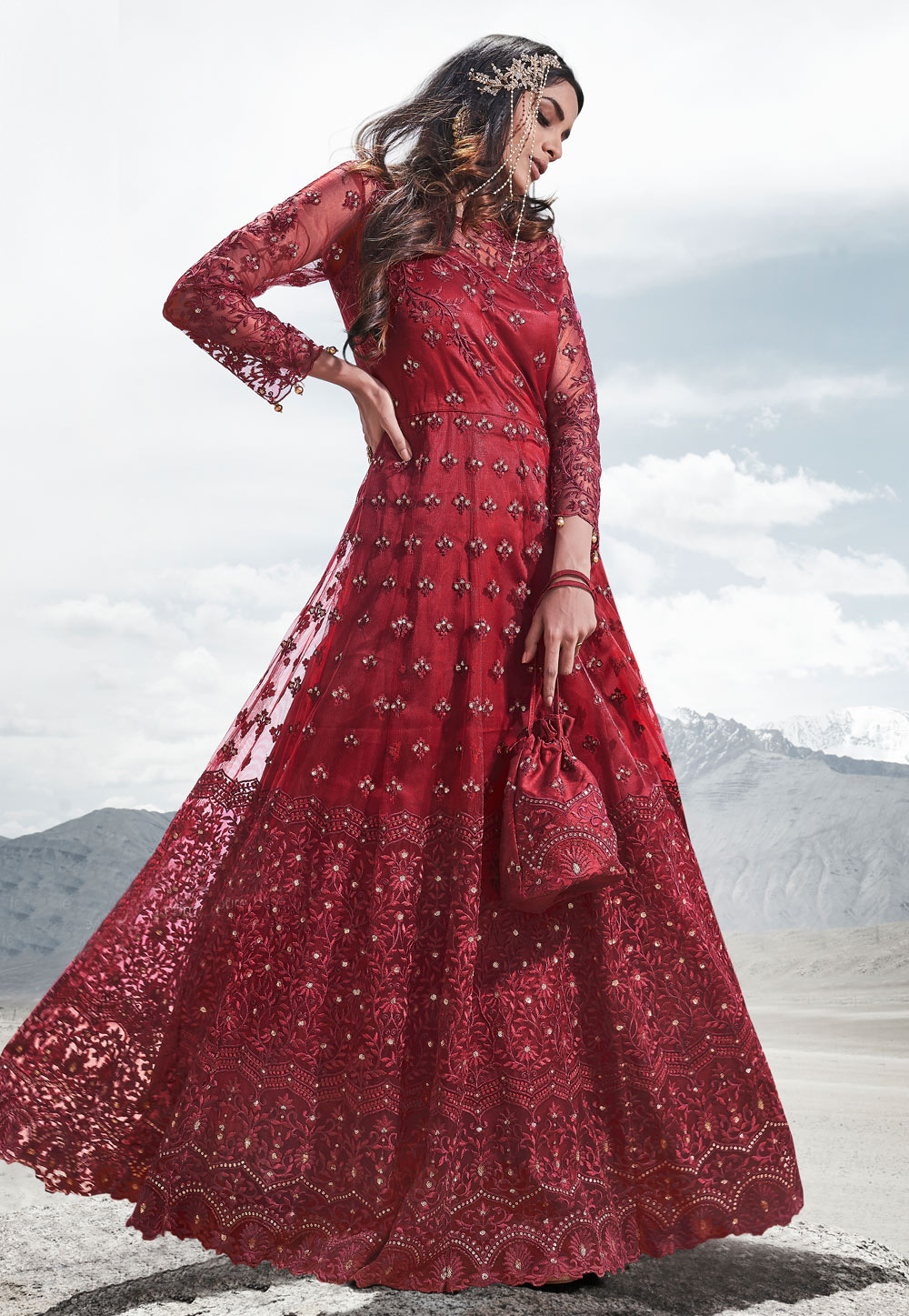 Maroon Net Embroidered Long Anarkali Suit 210370