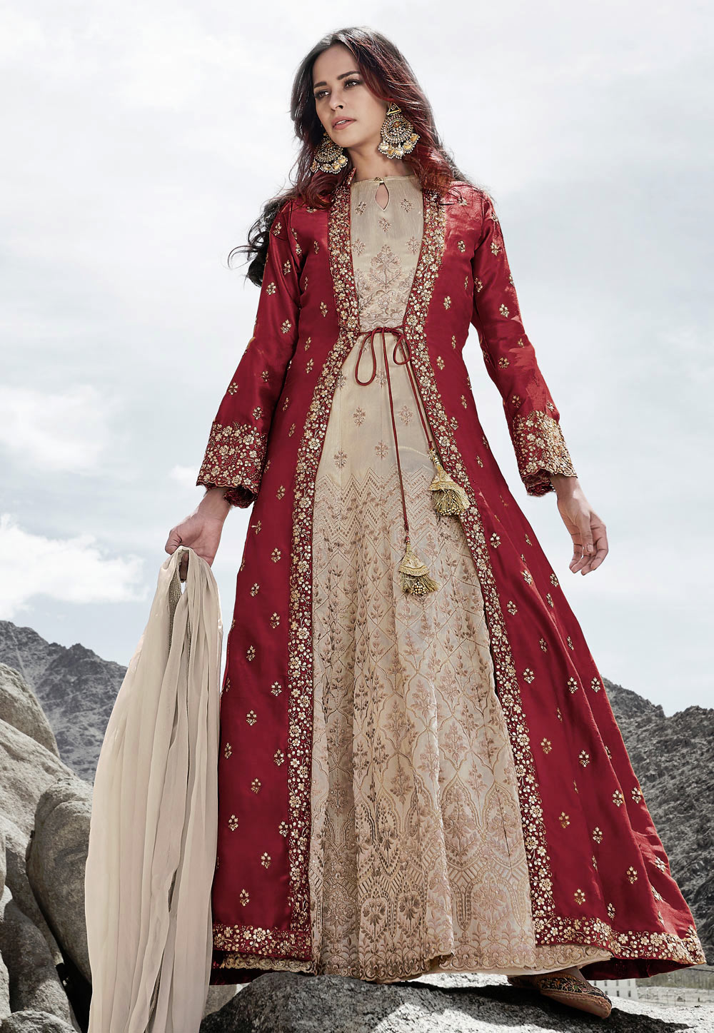 Beige Net Embroidered Jacket Style Suit 210373