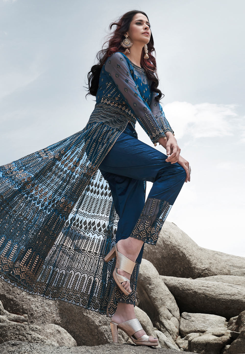 Blue Net Embroidered Pant Style Suit 210375