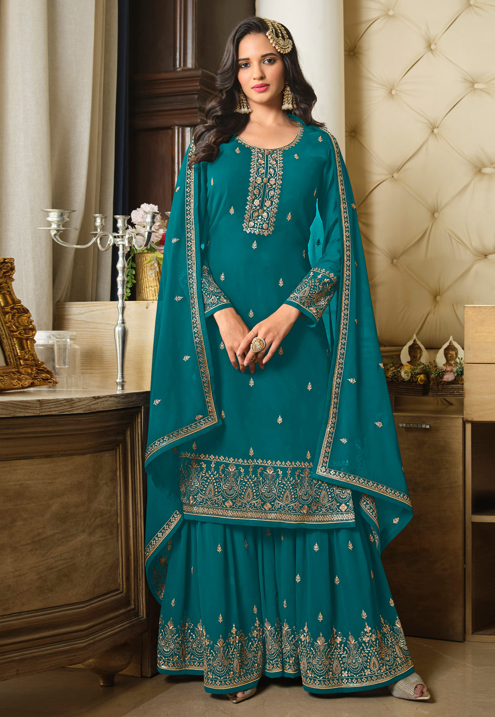 Turquoise Faux Georgette Sharara Suit 260104