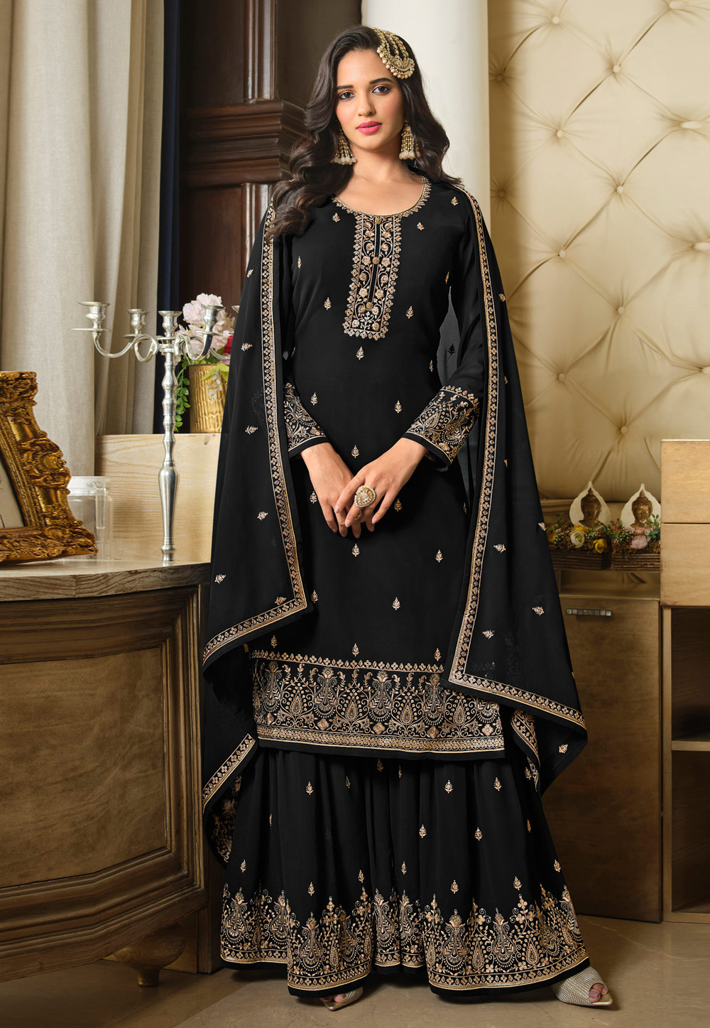 Black Faux Georgette Sharara Suit 260107