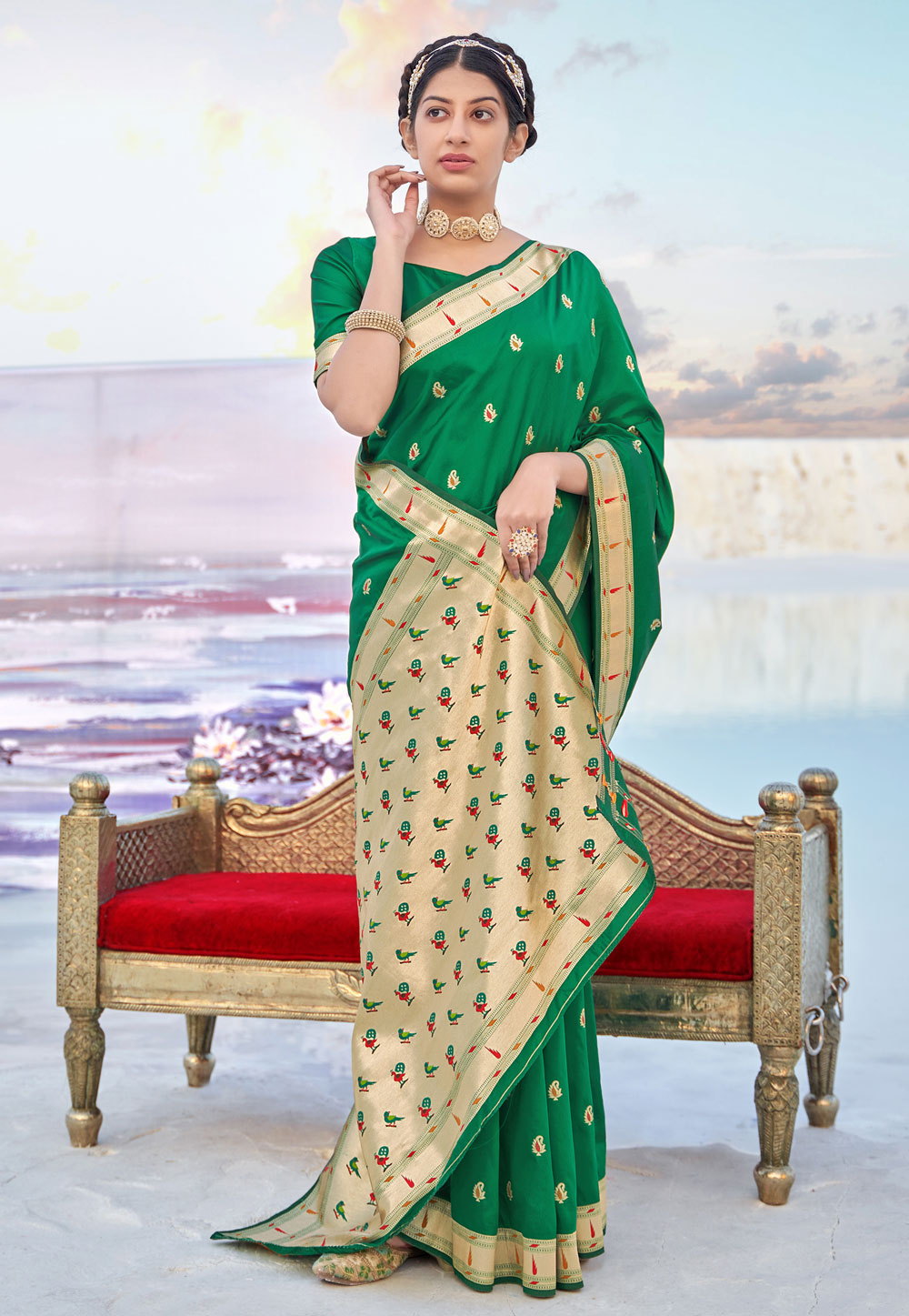 Green Banarasi Silk Paithani Saree 240826