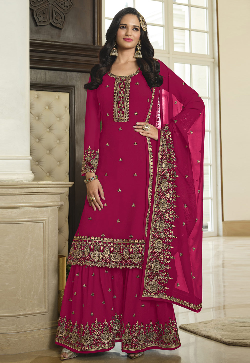 Magenta Faux Georgette Sharara Suit 259409