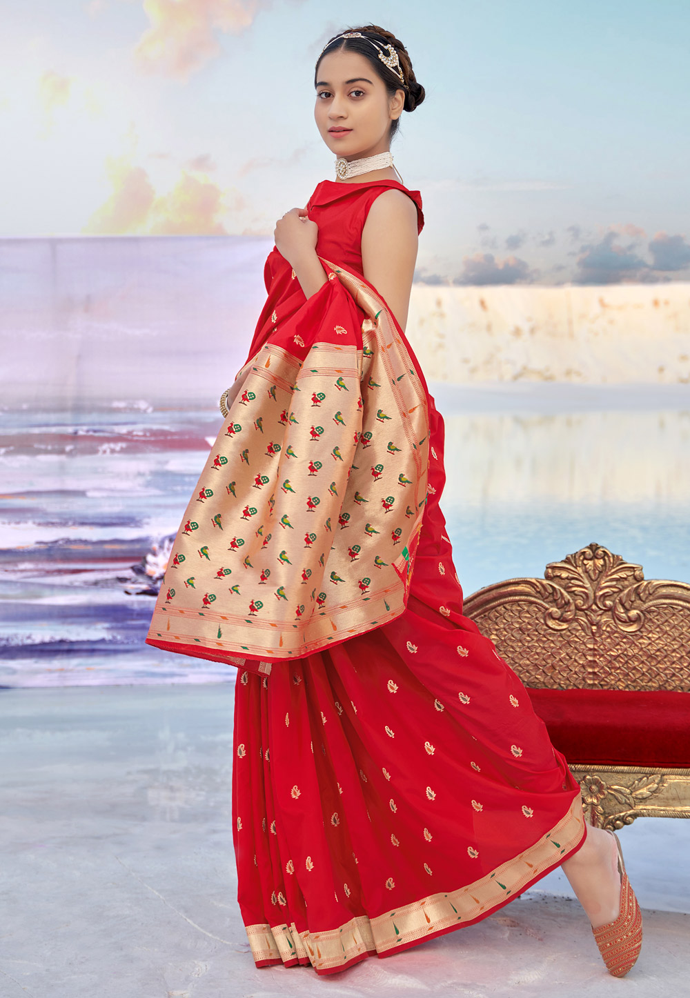 Red Banarasi Silk Paithani Saree 240828