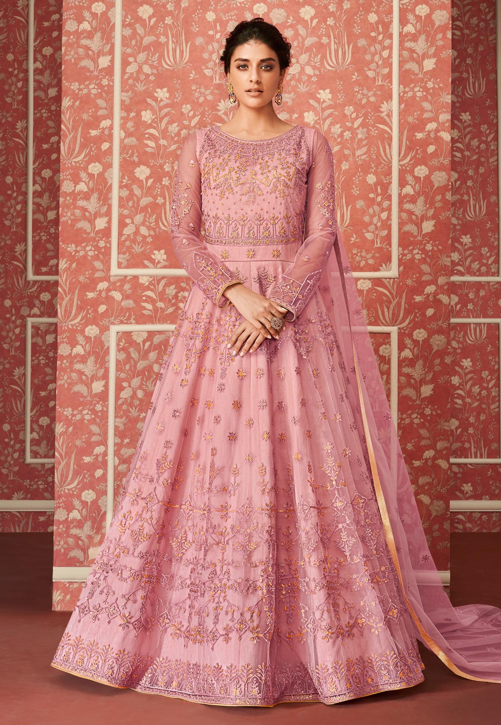 Pink Net Floor Length Anarkali Suit 184598