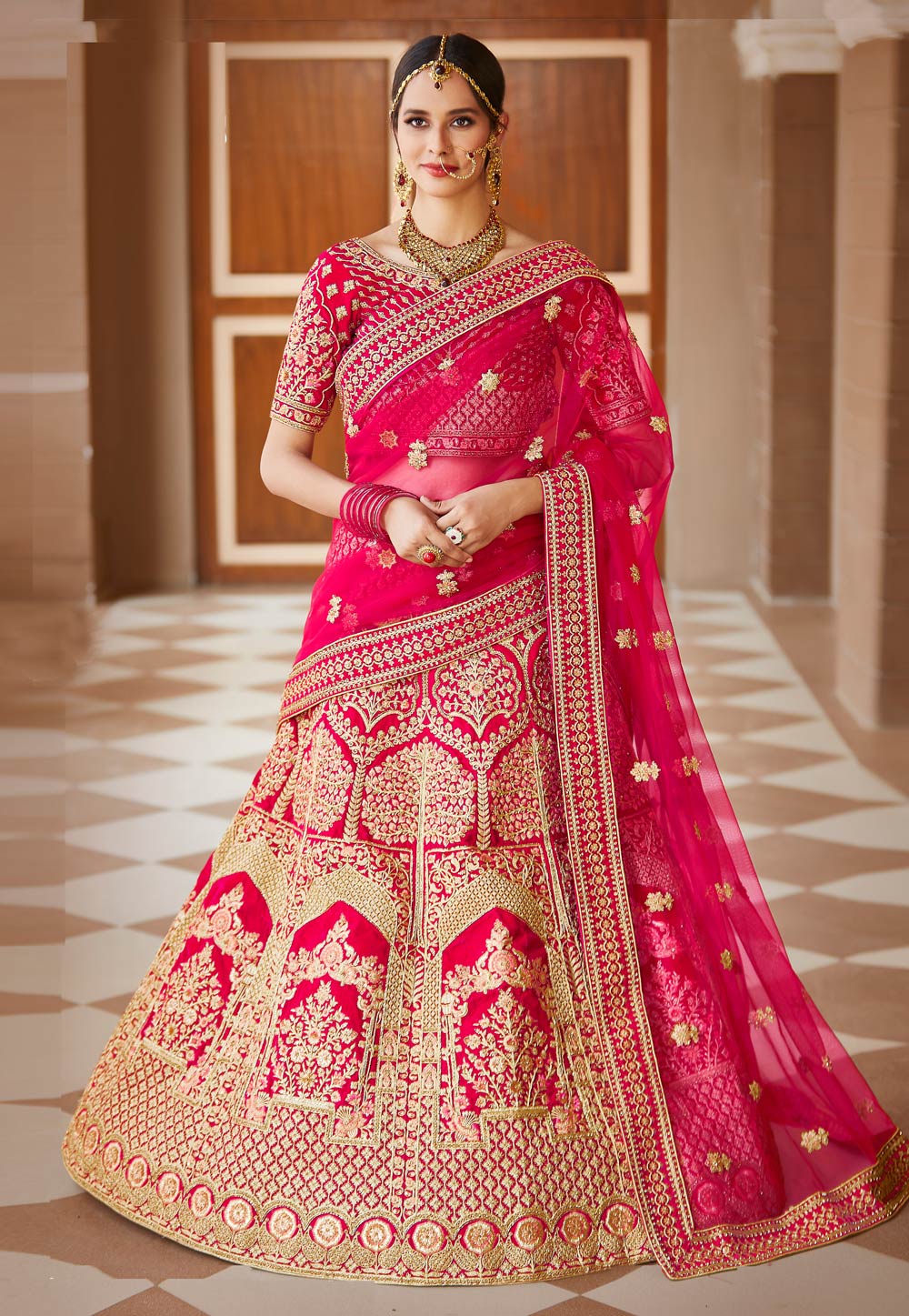 Pink Bridal Velvet Lehenga Choli 234013