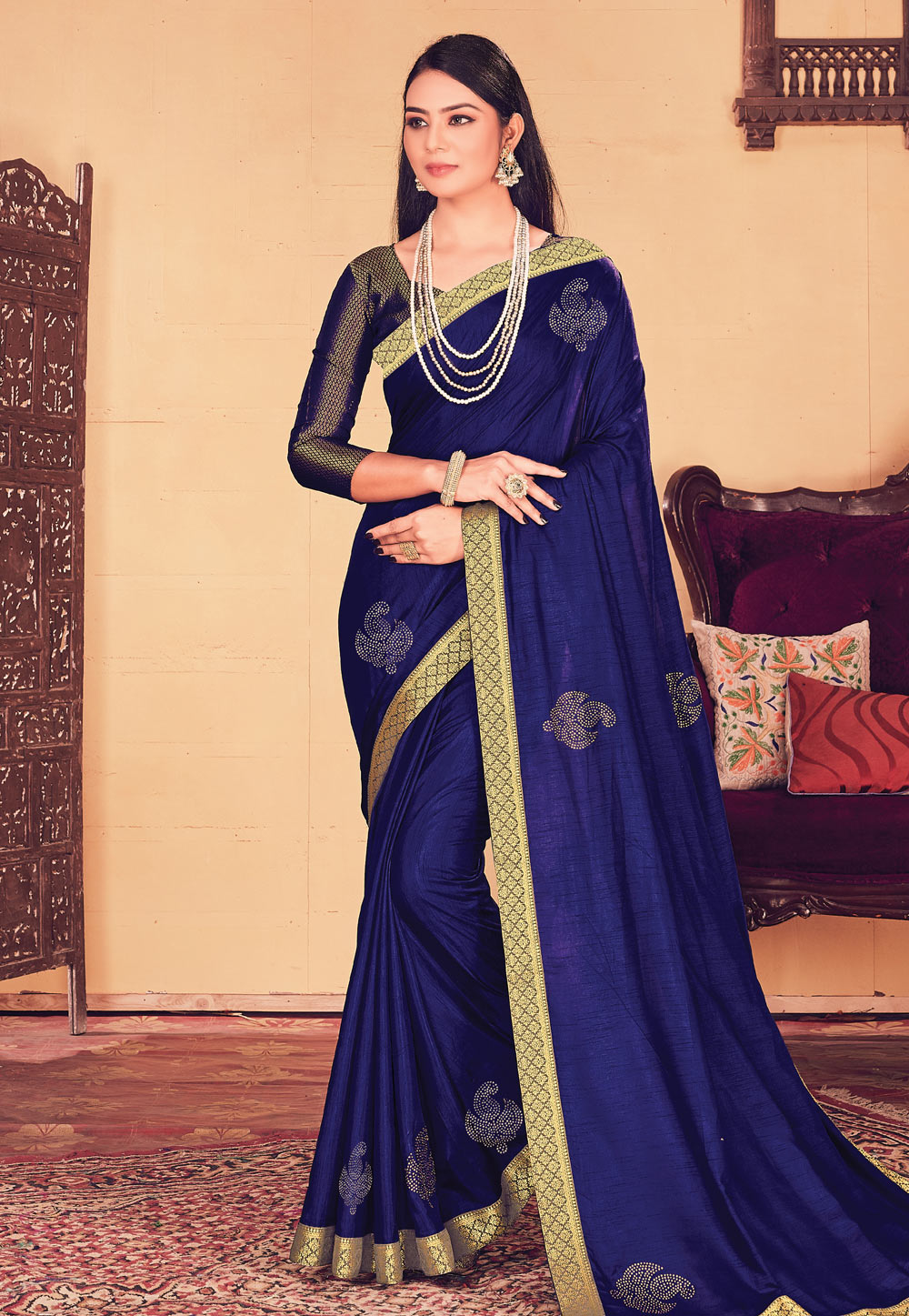 Navy Blue Georgette Saree With Blouse 219866