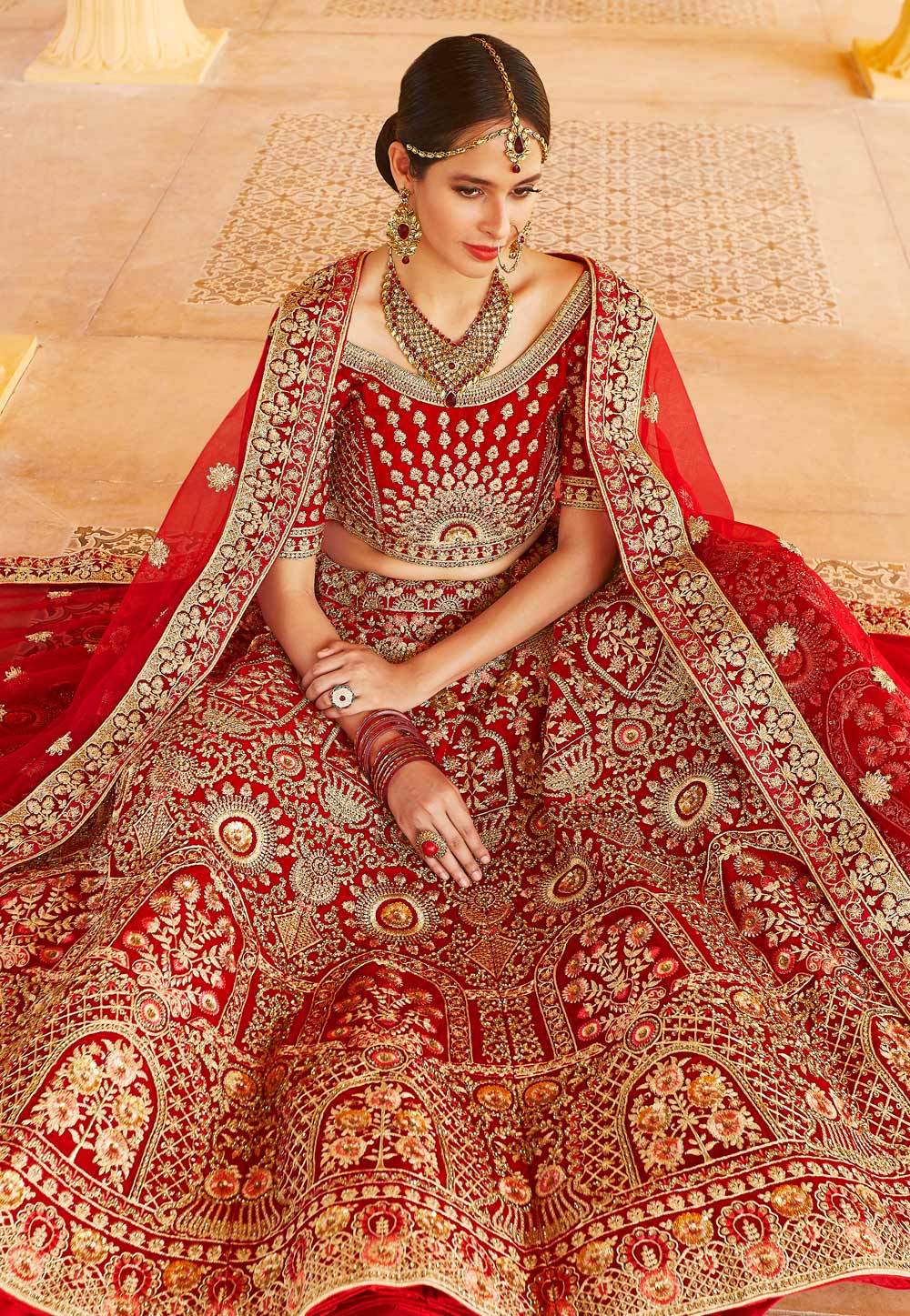 Buy Red Velvet Embroidered Resham V Neck Bridal Lehenga Set For Women by  Basanti - Kapde Aur Koffee Online at Aza Fashions.