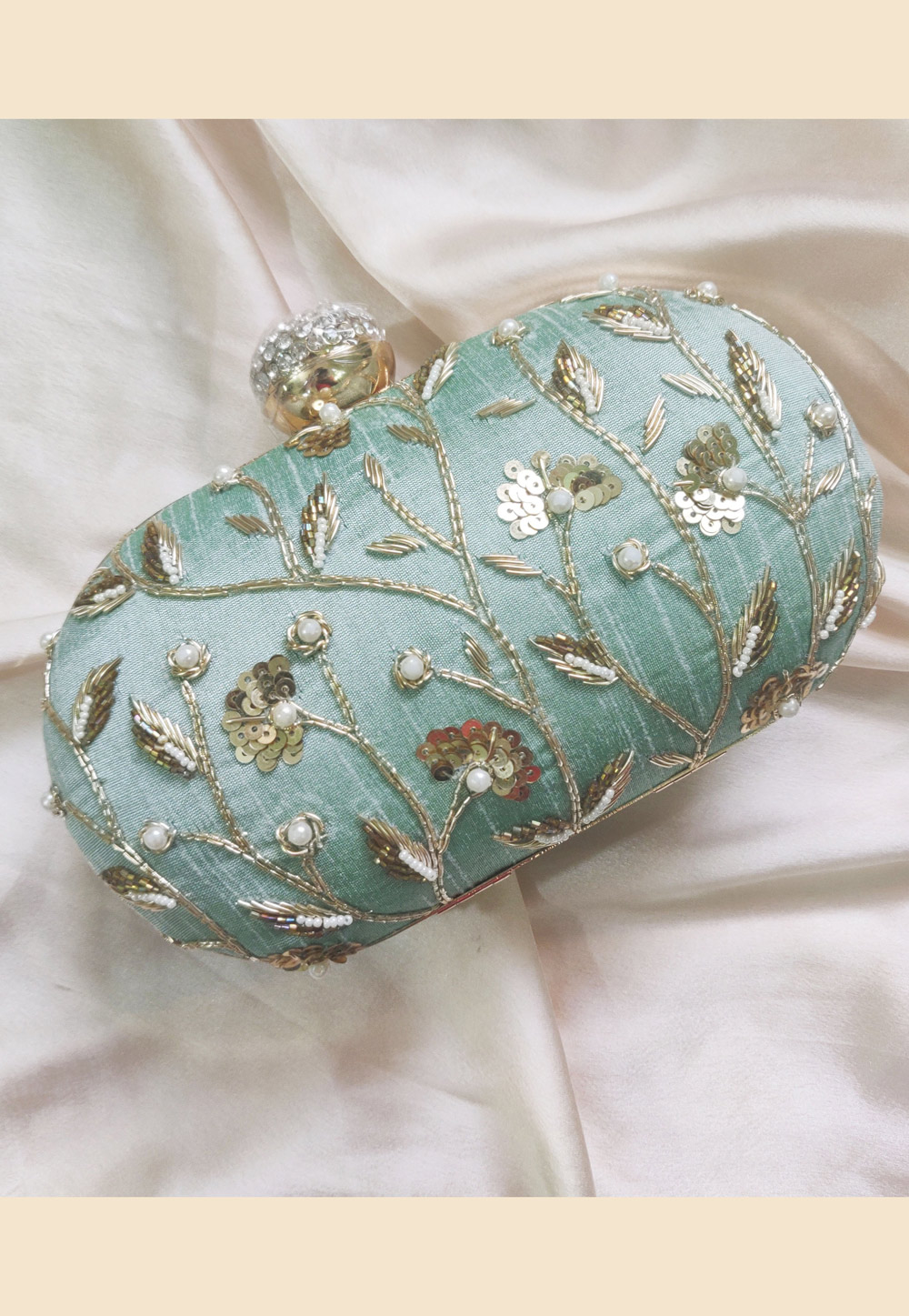 Sea Green Synthetic Embroidered Clutch 189840