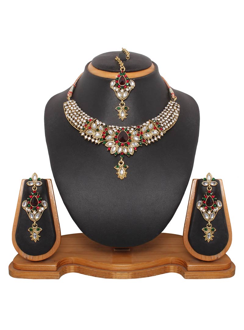 Maroon Austrian Diamonds and Kundans Necklace With Earrings and Maang Tikka 42321