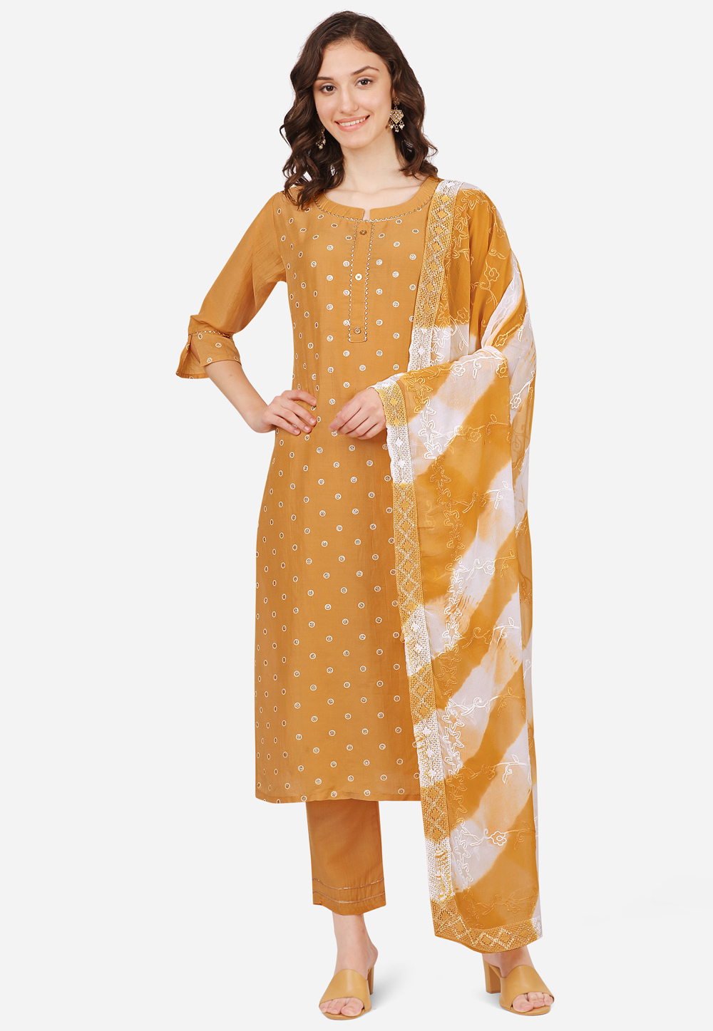 Orange Chinon Silk Readymade Pant Style Suit 266305