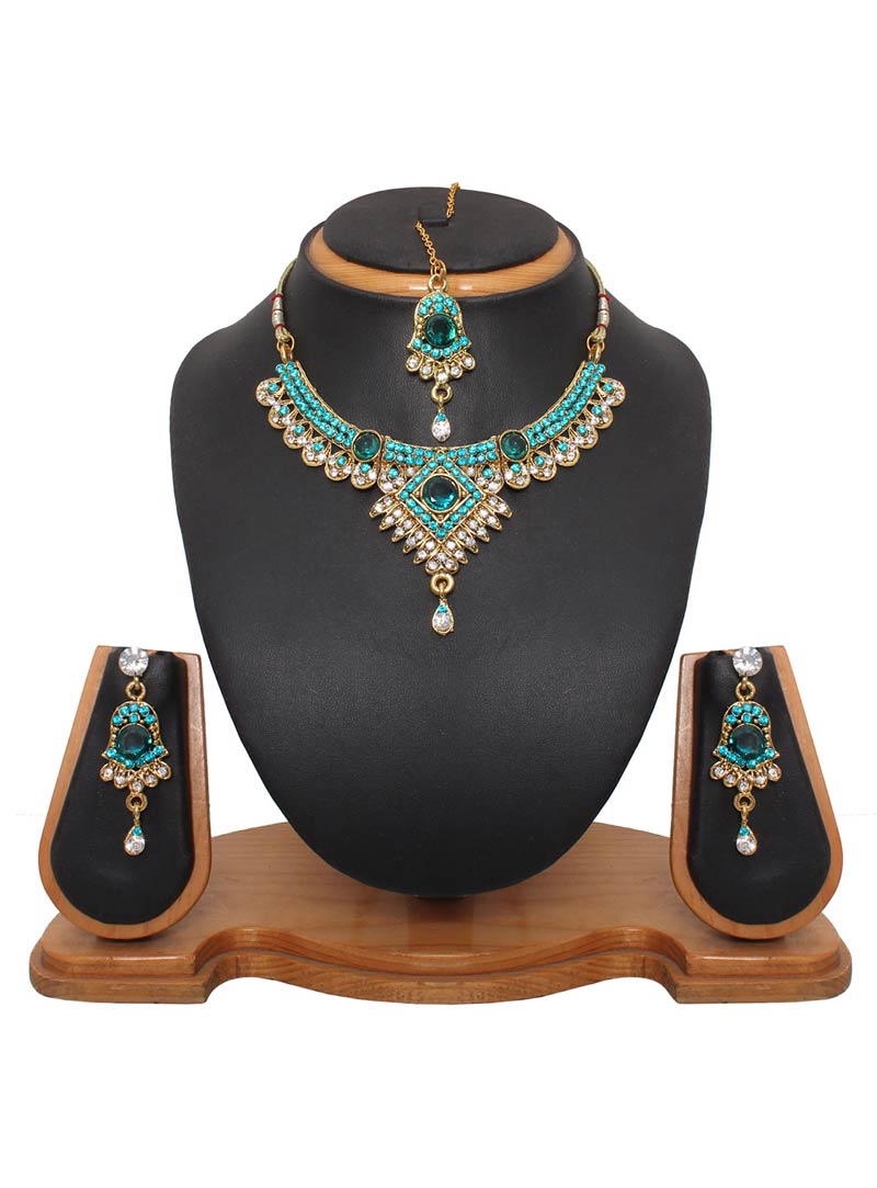 Sky Blue Austrian Diamonds and Kundans Necklace With Earrings and Maang Tikka 42330