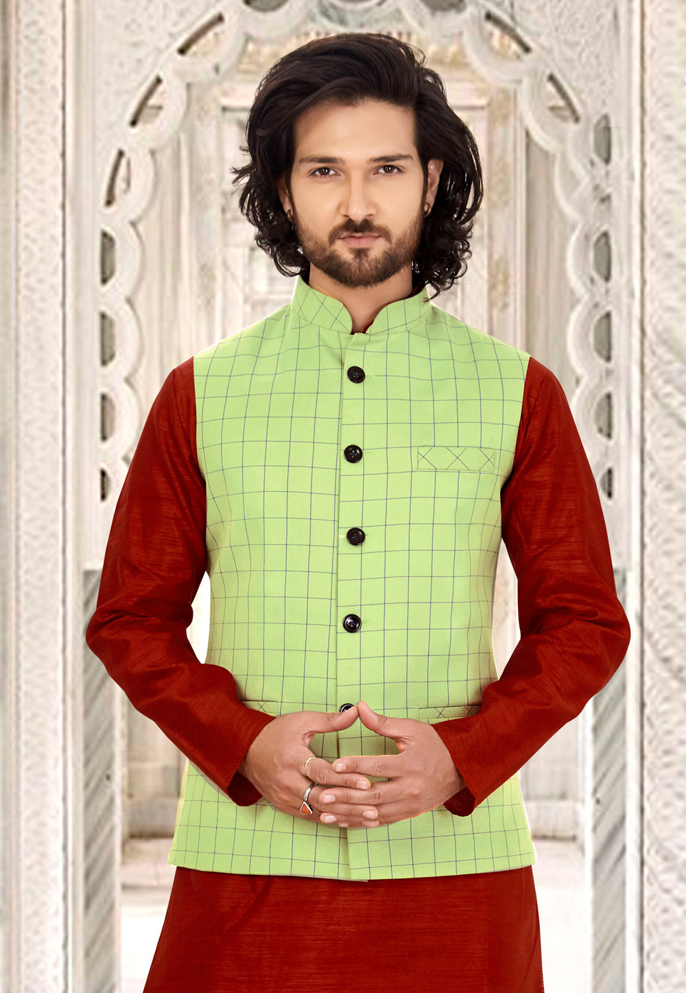 Olive green embellished nehru jacket with draped kurta – Linebyshamimkhan