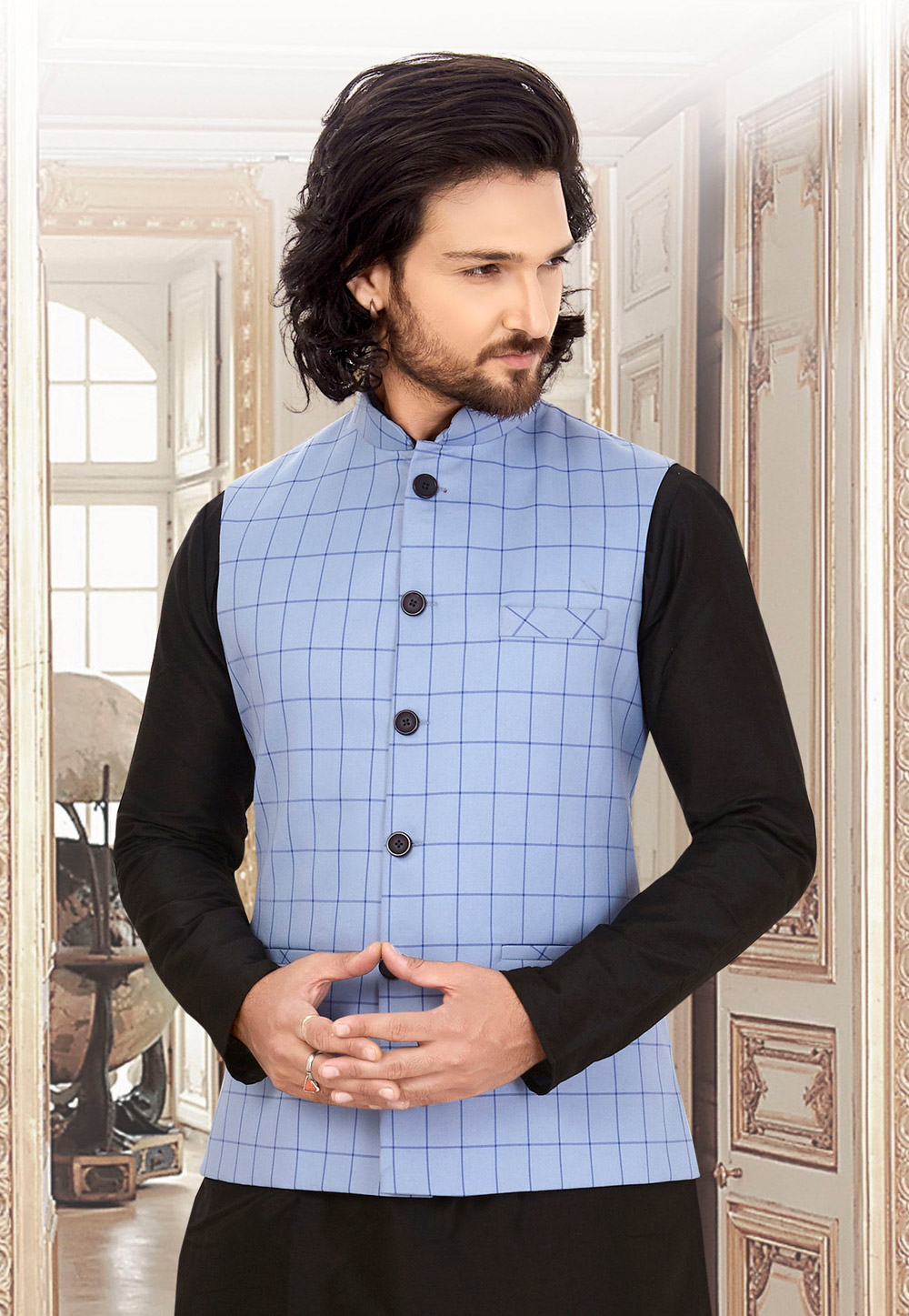 Buy Contrast Long Draped Shawl Style Nehru Jacket with Short Length Kurta  with Trousers by QBIK MEN at Ogaan Online Shopping Site