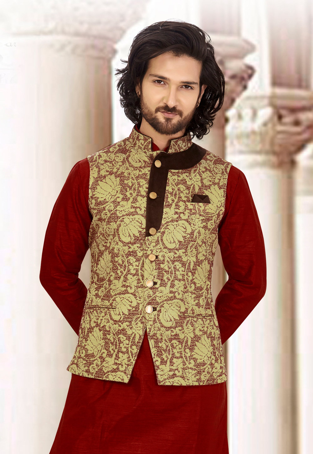 Shaded Green Jacquard Readymade Nehru Jacket 189501