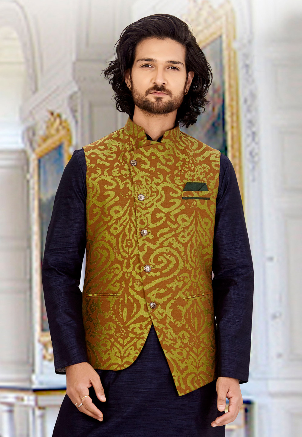 Brown Jacquard Readymade Nehru Jacket 189504