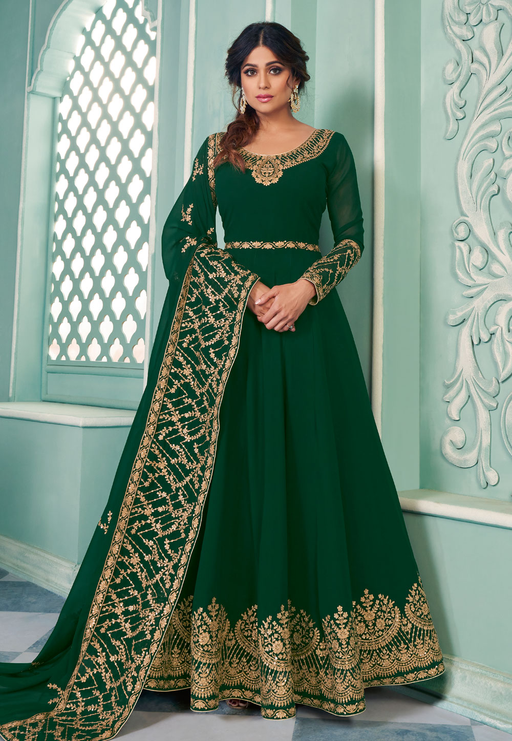 Shamita Shetty Green Georgette Abaya Style Anarkali Suit 219236