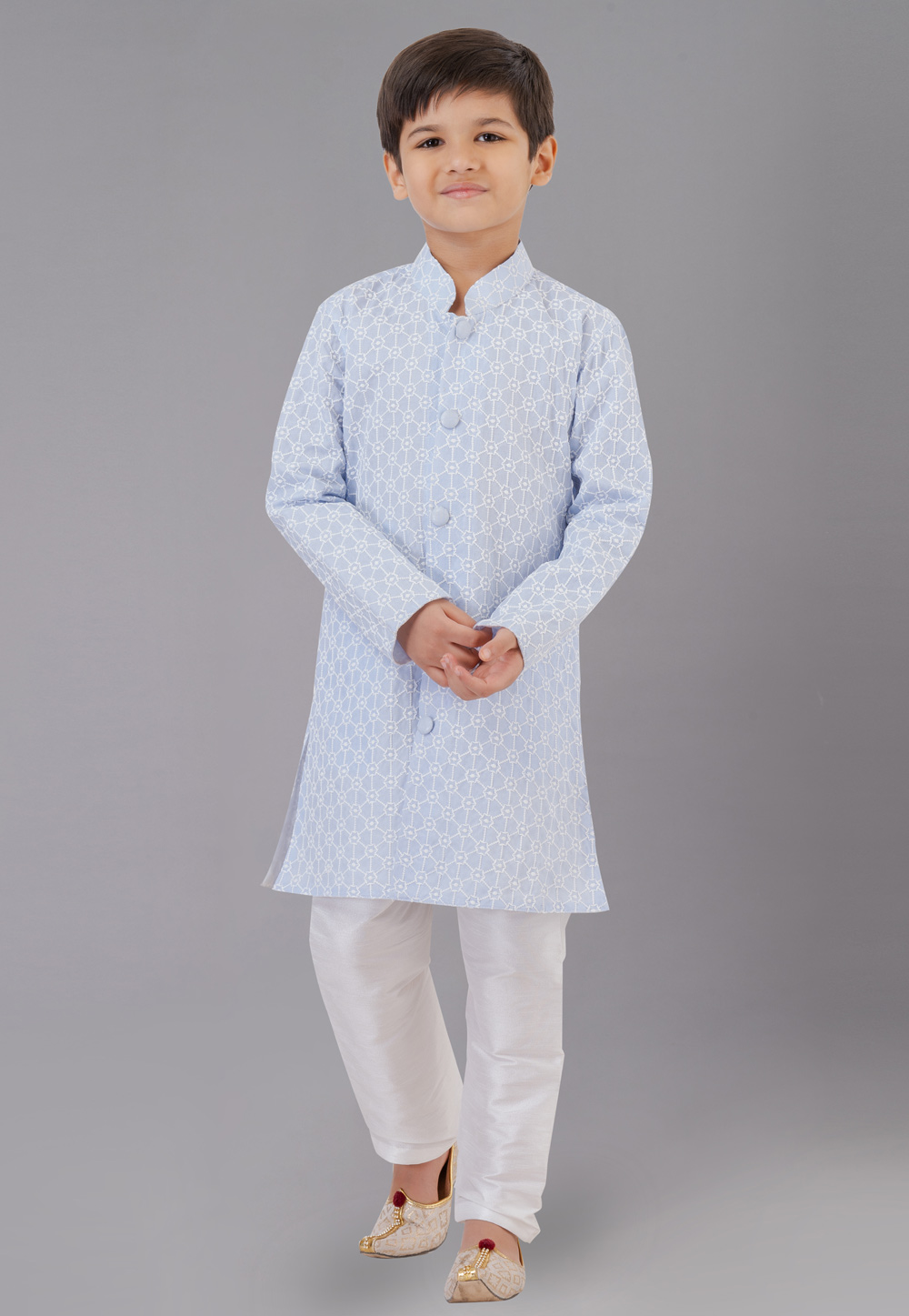 Sky Blue Cotton Silk Readymade Kids Kurta Pajama 260631