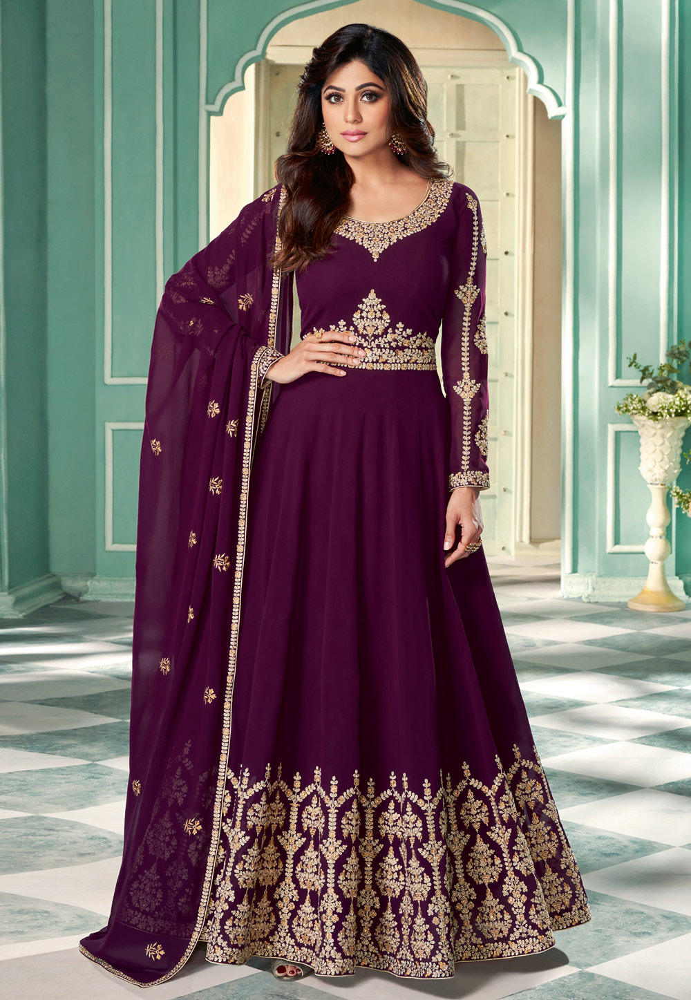 Shamita Shetty Purple Georgette Abaya Style Anarkali Suit 222165