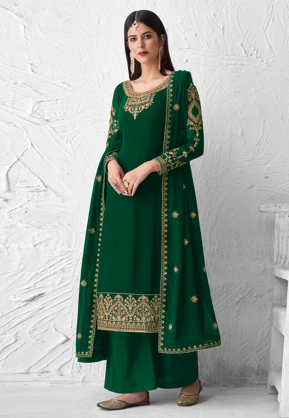 Green Faux Georgette Palazzo Suit 254479