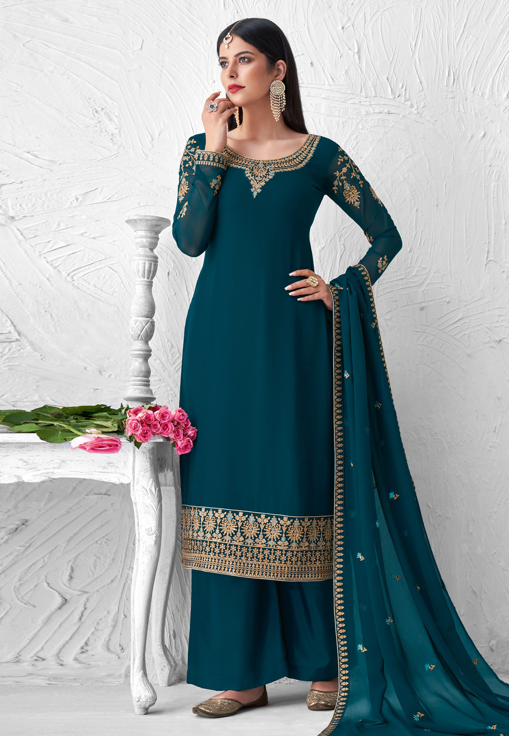 Blue Georgette Kameez With Palazzo 216277
