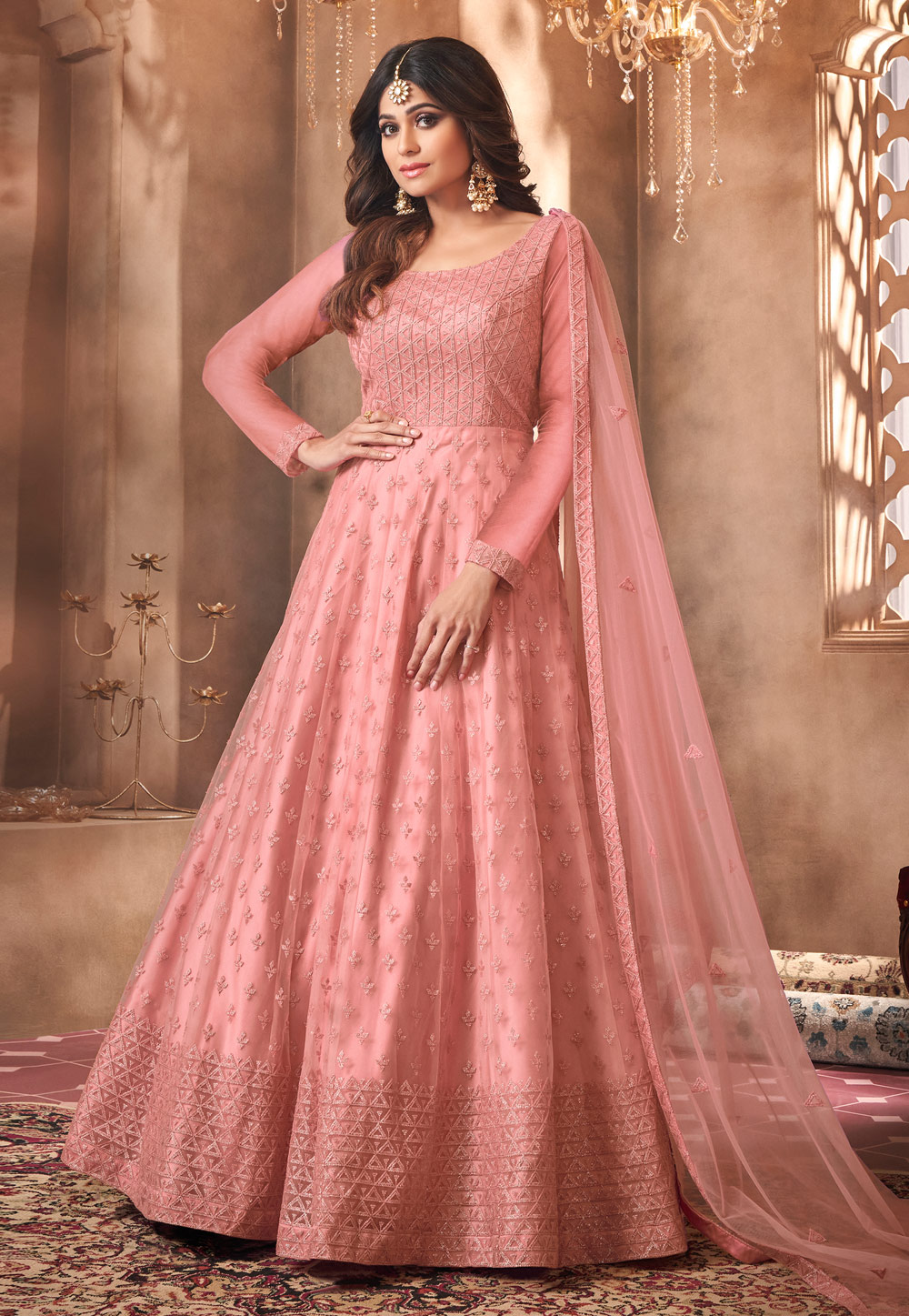 Shamita Shetty Pink Net Bollywood Anarkali Suit 221627