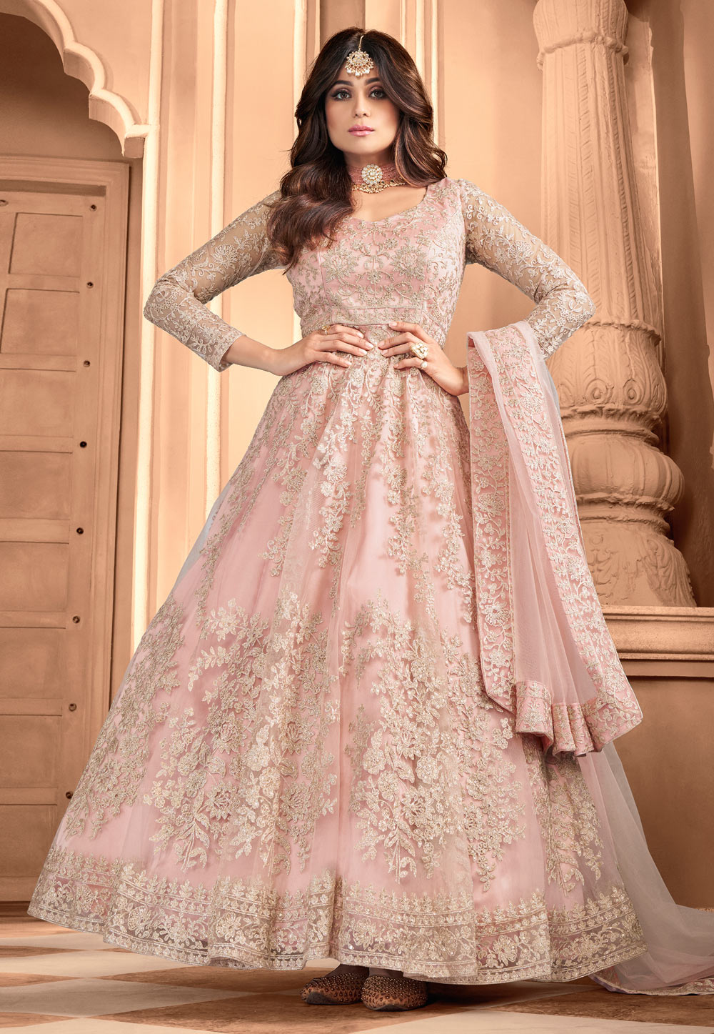 Shamita Shetty Light Pink Net Ankle Length Anarkali Suit 225599