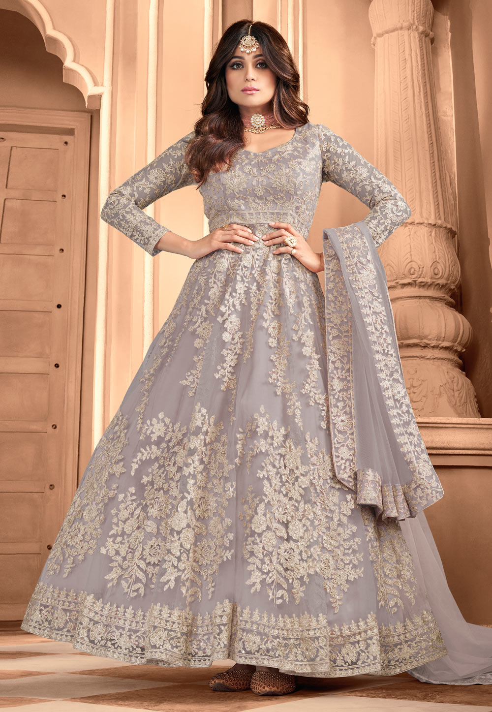 Shamita Shetty Grey Net Abaya Style Anarkali Suit 225600