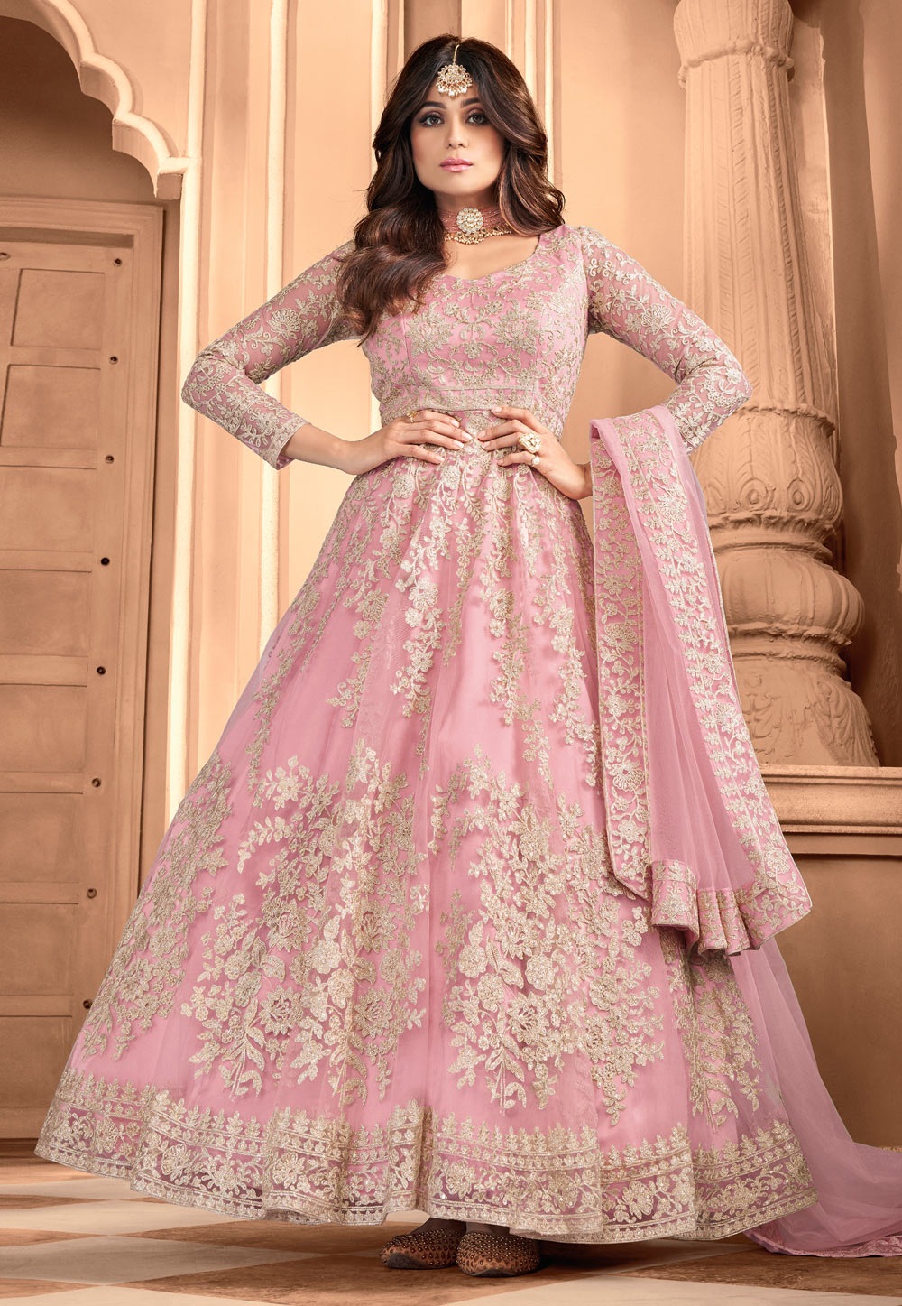 Shamita Shetty Pink Net Abaya Style Anarkali Suit 225602