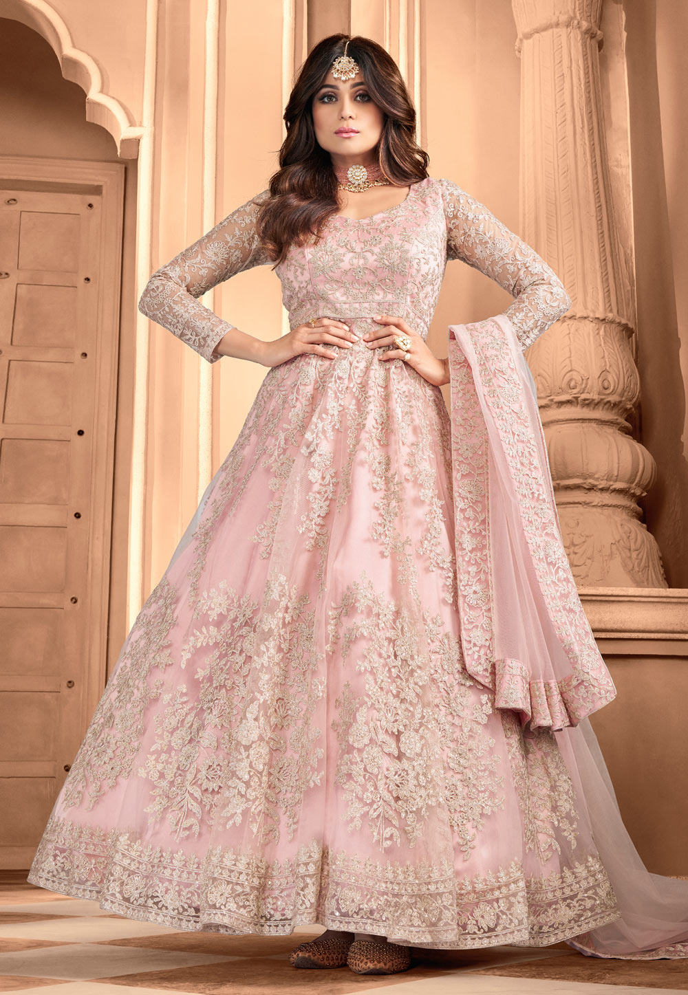 Shamita Shetty Light Pink Net Ankle Length Anarkali Suit 221629