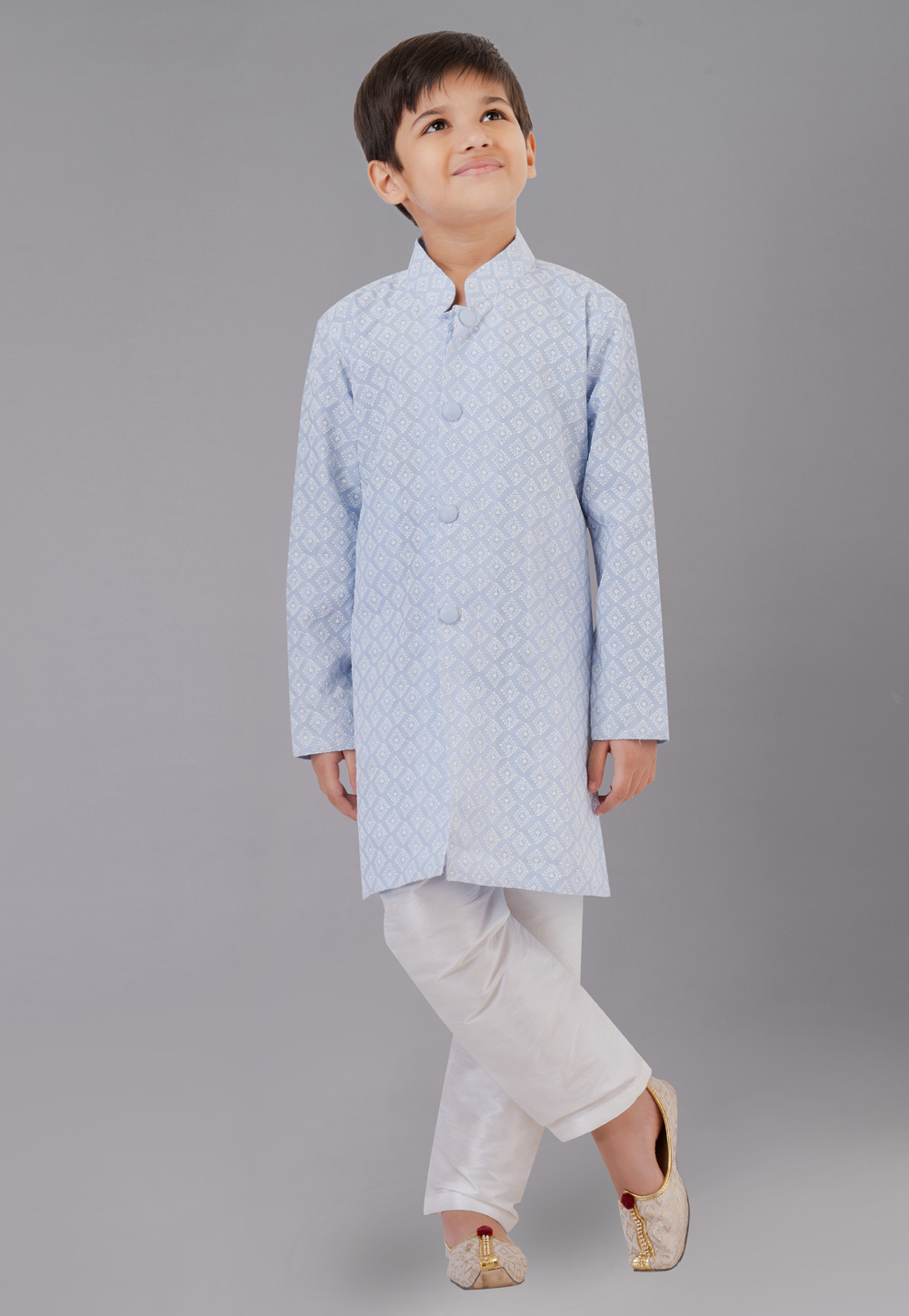 Sky Blue Cotton Silk Readymade Kids Kurta Pajama 260635