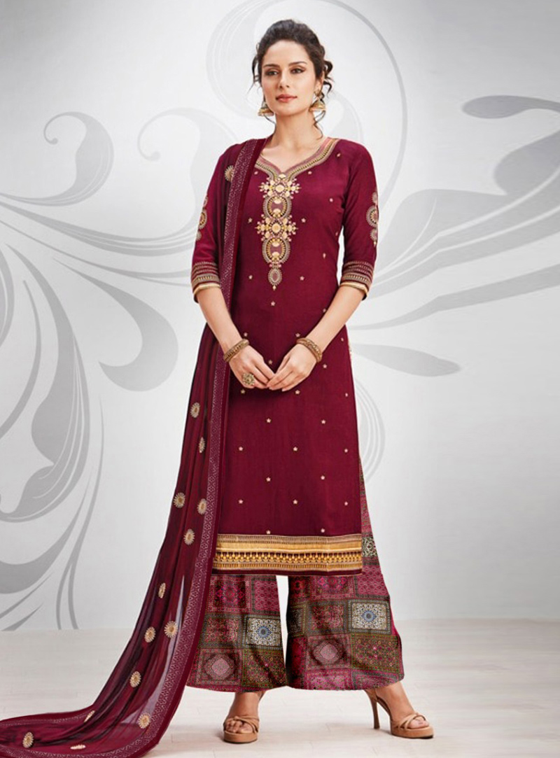 Maroon Silk Pakistani Style Suit 147513