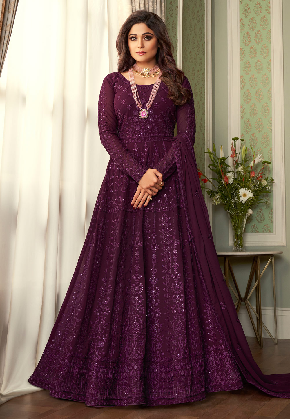 Shamita Shetty Purple Georgette Bollywood Anarkali Suit 221077