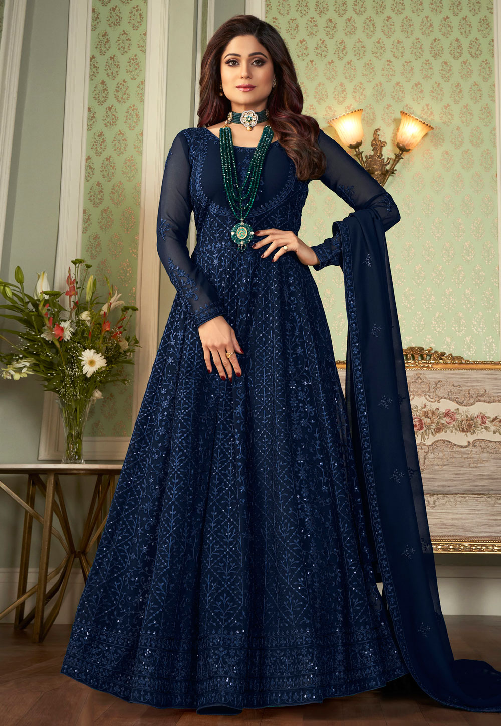 Shamita Shetty Navy Blue Faux Georgette Abaya Style Anarkali Suit 251640