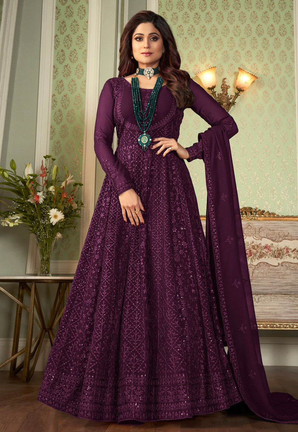 Shamita Shetty Purple Faux Georgette Abaya Style Anarkali Suit 251642