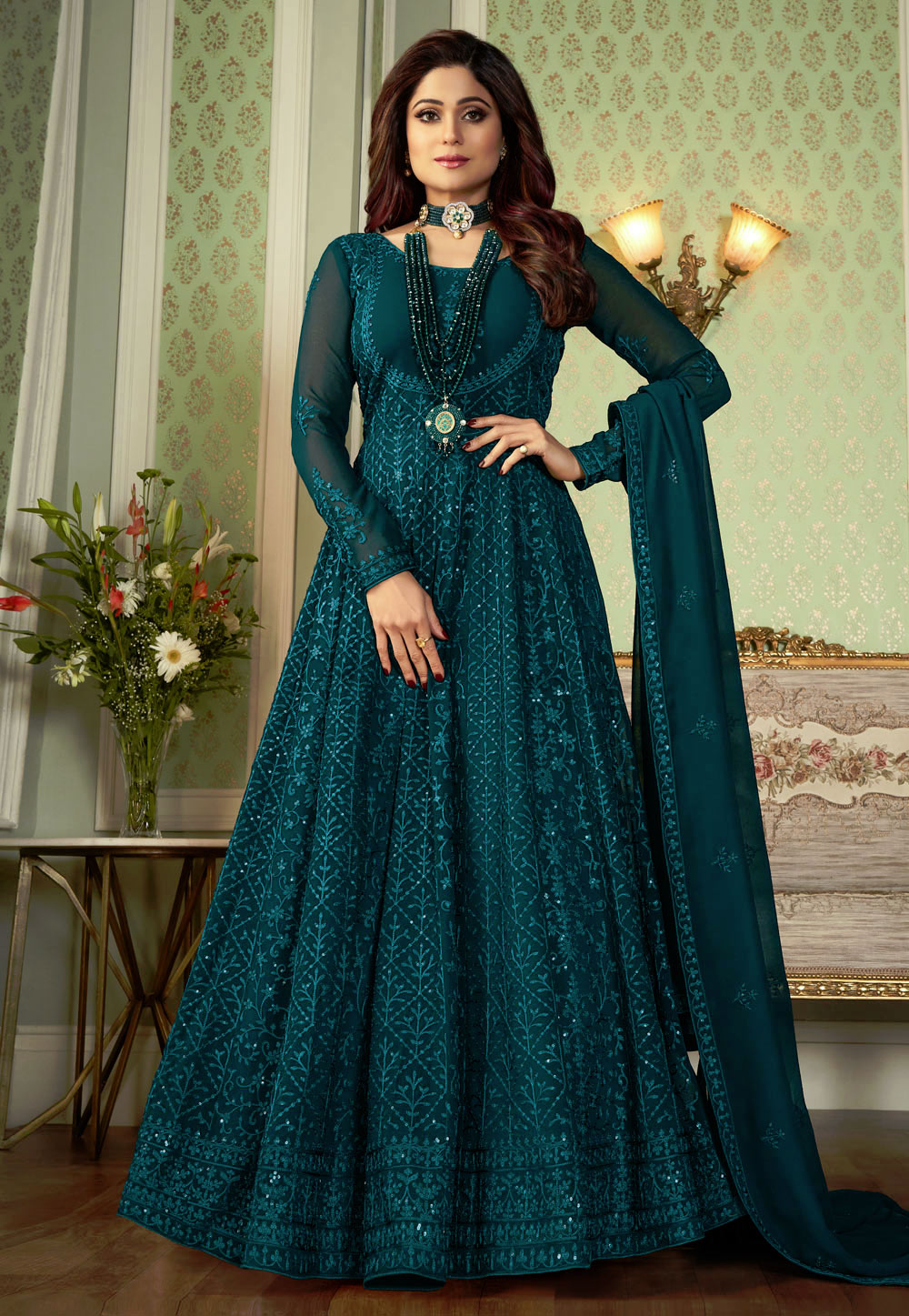 Shamita Shetty Teal Georgette Abaya Style Anarkali Suit 221079