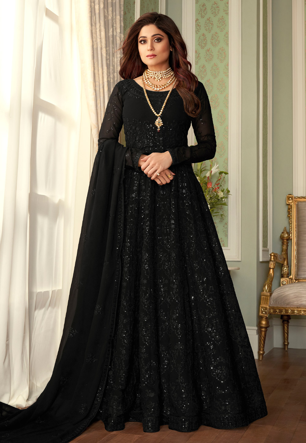 Shamita Shetty Black Georgette Abaya Style Anarkali Suit 221081
