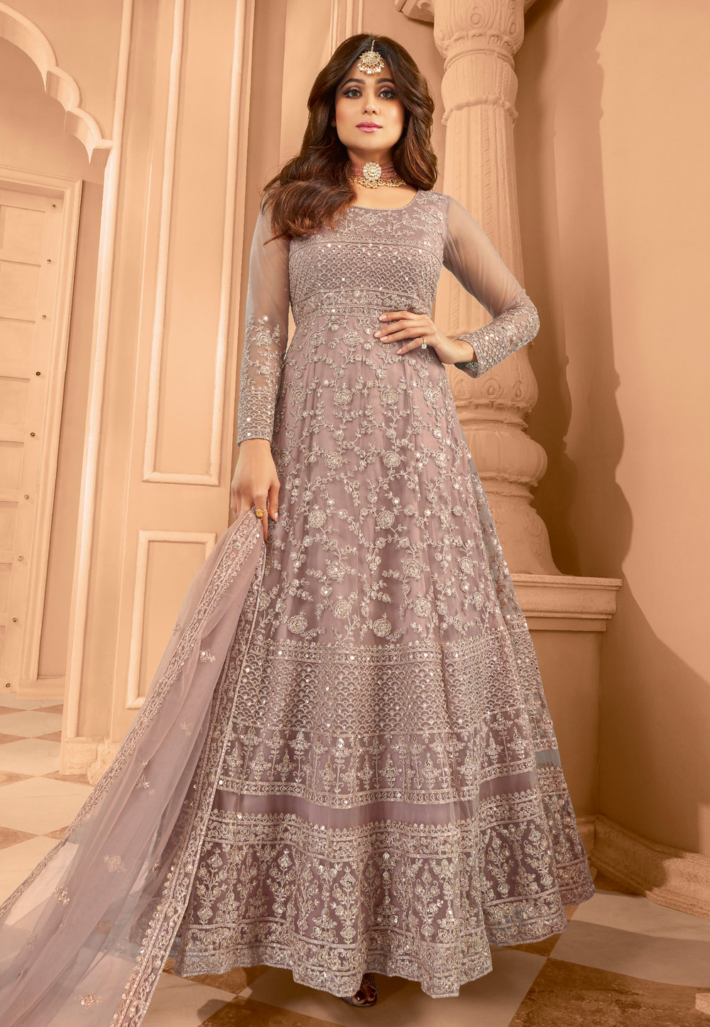 Shamita Shetty  Light Purple Net Ankle Length Anarkali Suit 226223