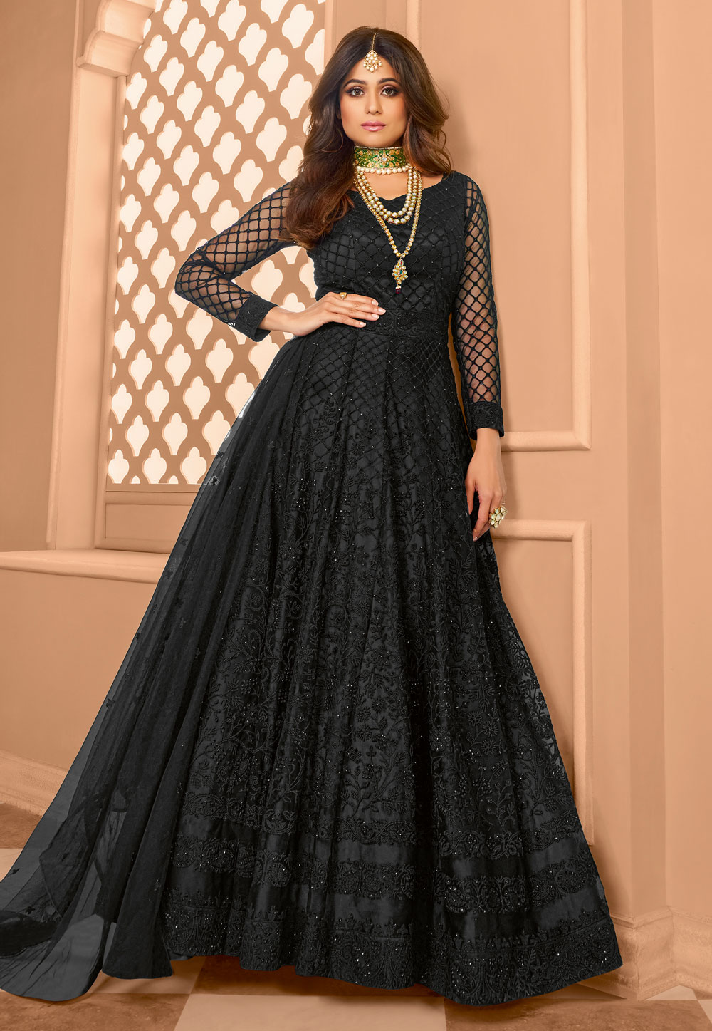 Shamita Shetty Black Net Abaya Style Anarkali Suit 226224