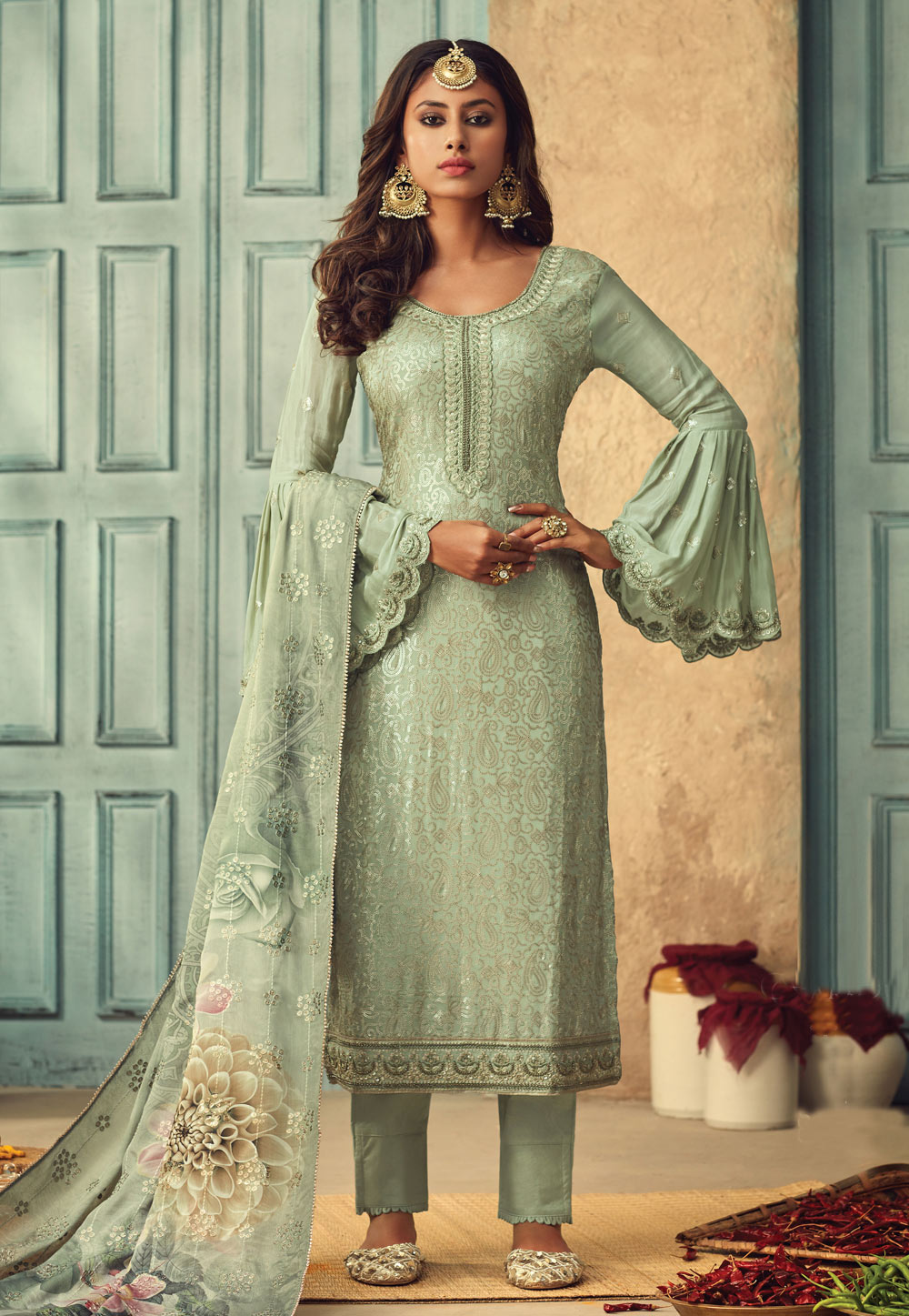 Light Green Chinon Pant Style Suit 207803