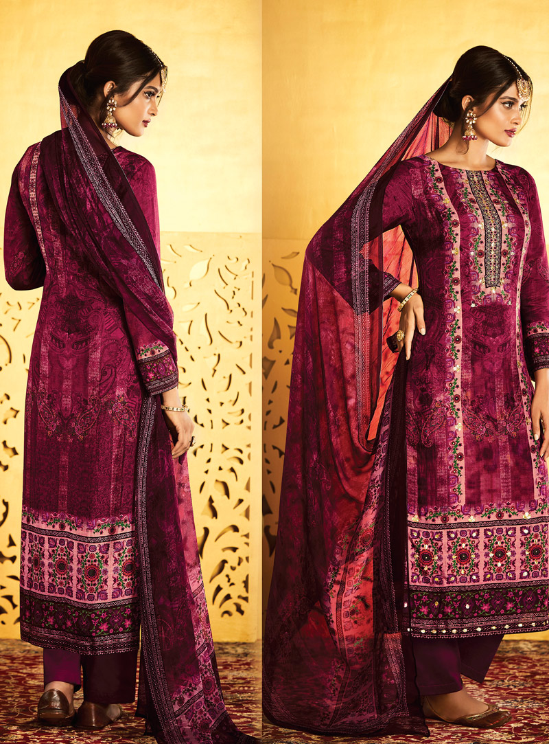 Purple Silk Pakistani Style Suit 121851