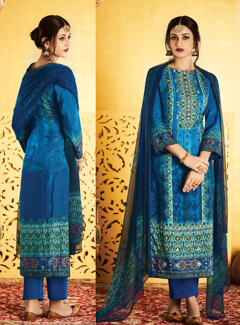 Blue Silk Pakistani Style Suit 121854
