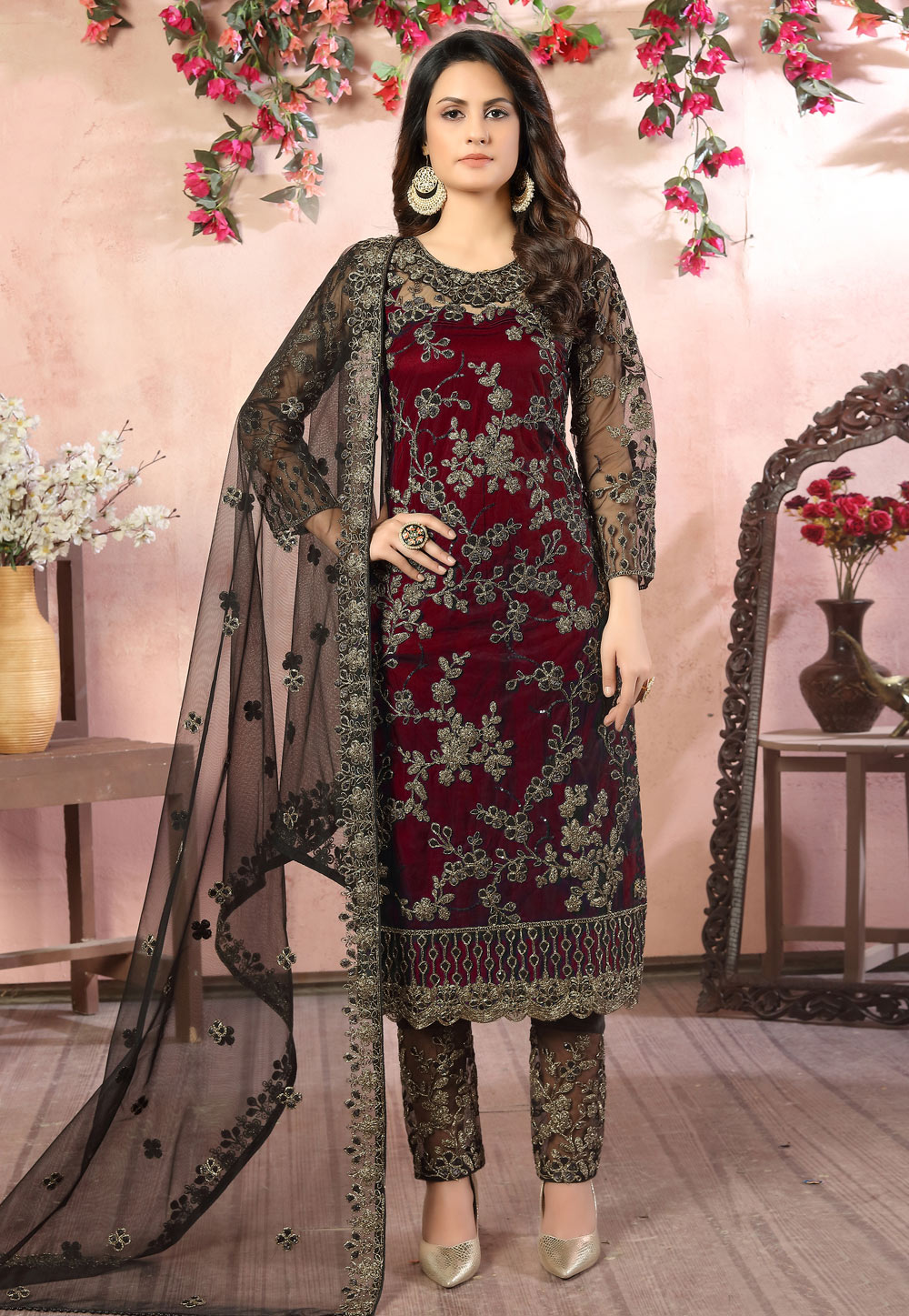 Maroon Net Embroidered Pant Style Suit 220396
