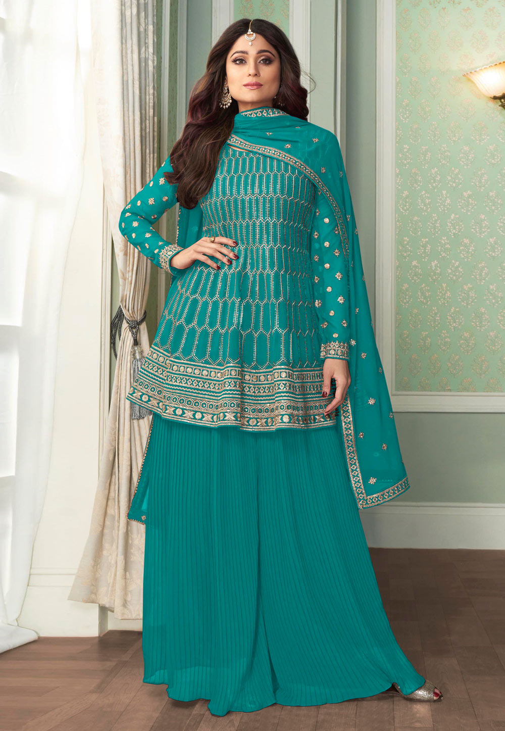 Shamita Shetty Turquoise Georgette Palazzo Suit 225087