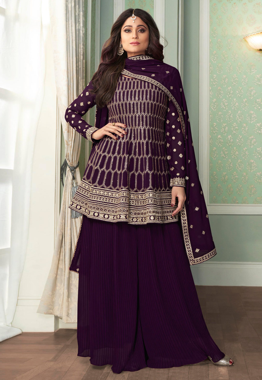 Shamita Shetty Purple Georgette Palazzo Suit 225085