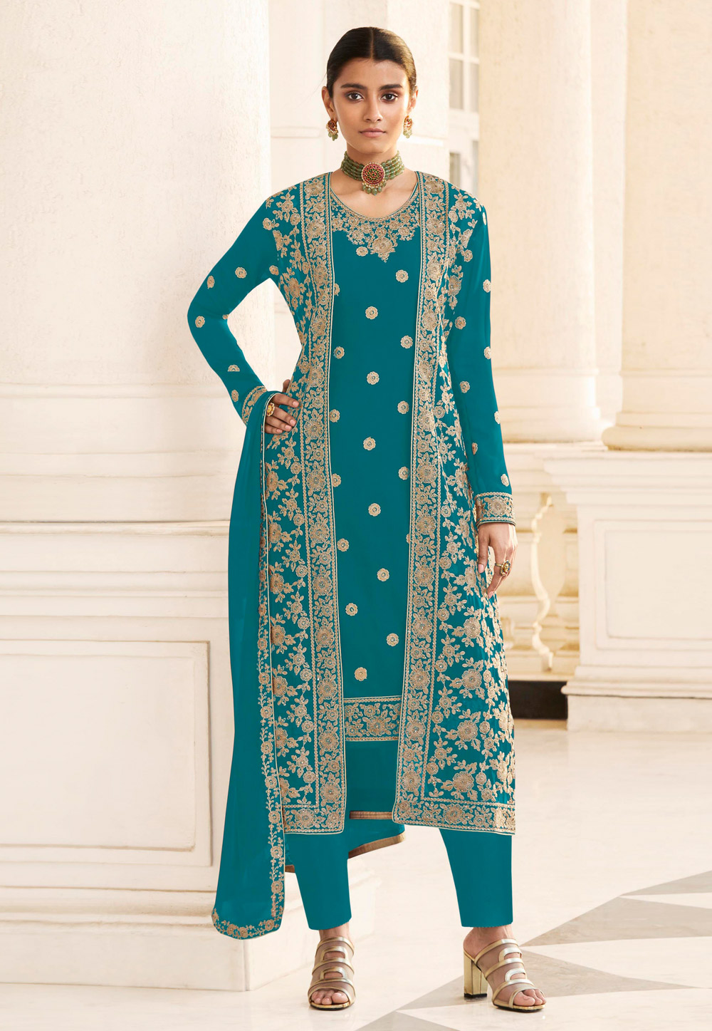 Turquoise Georgette Pant Style Suit With Jacket 225233