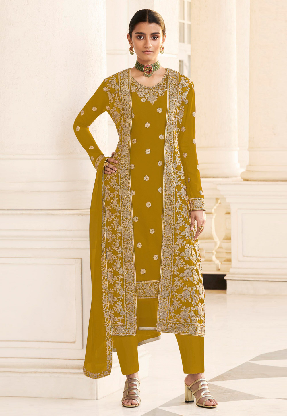 Mustard Georgette Pant Style Suit 225234