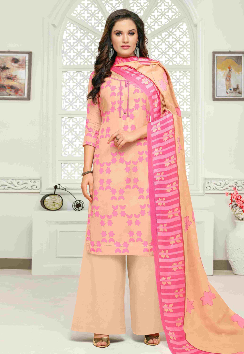 Beige Cambric Cotton Kameez With Palazzo 190117